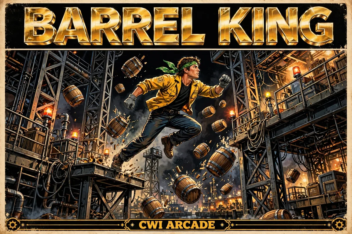 Barrel King cover art — a young dockworker leaping between industrial platforms as barrels tumble down