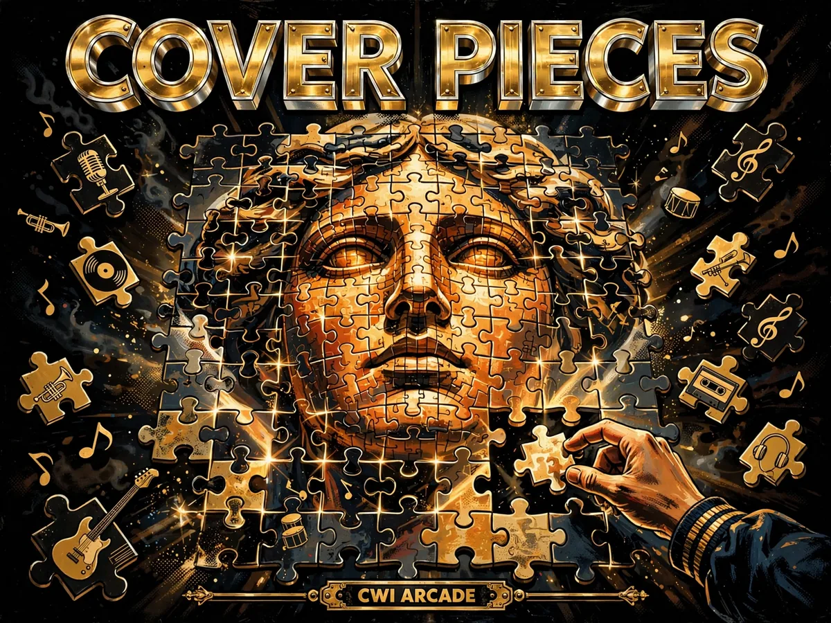 Cover Pieces cover art — a golden portrait assembled from interlocking puzzle pieces