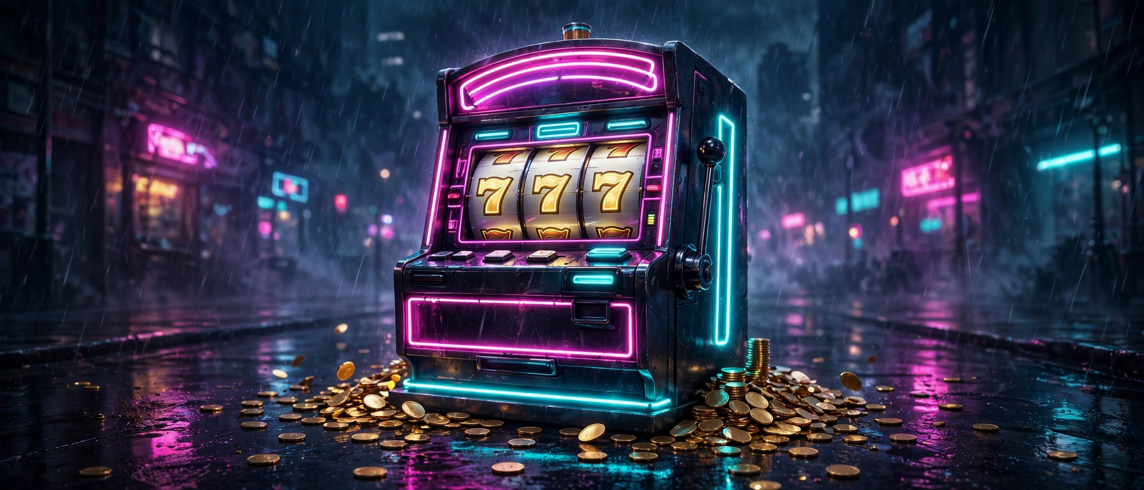 Neon Nights pt. 777 cover art — a glowing neon slot machine showing 777 on a rain-slicked night city street