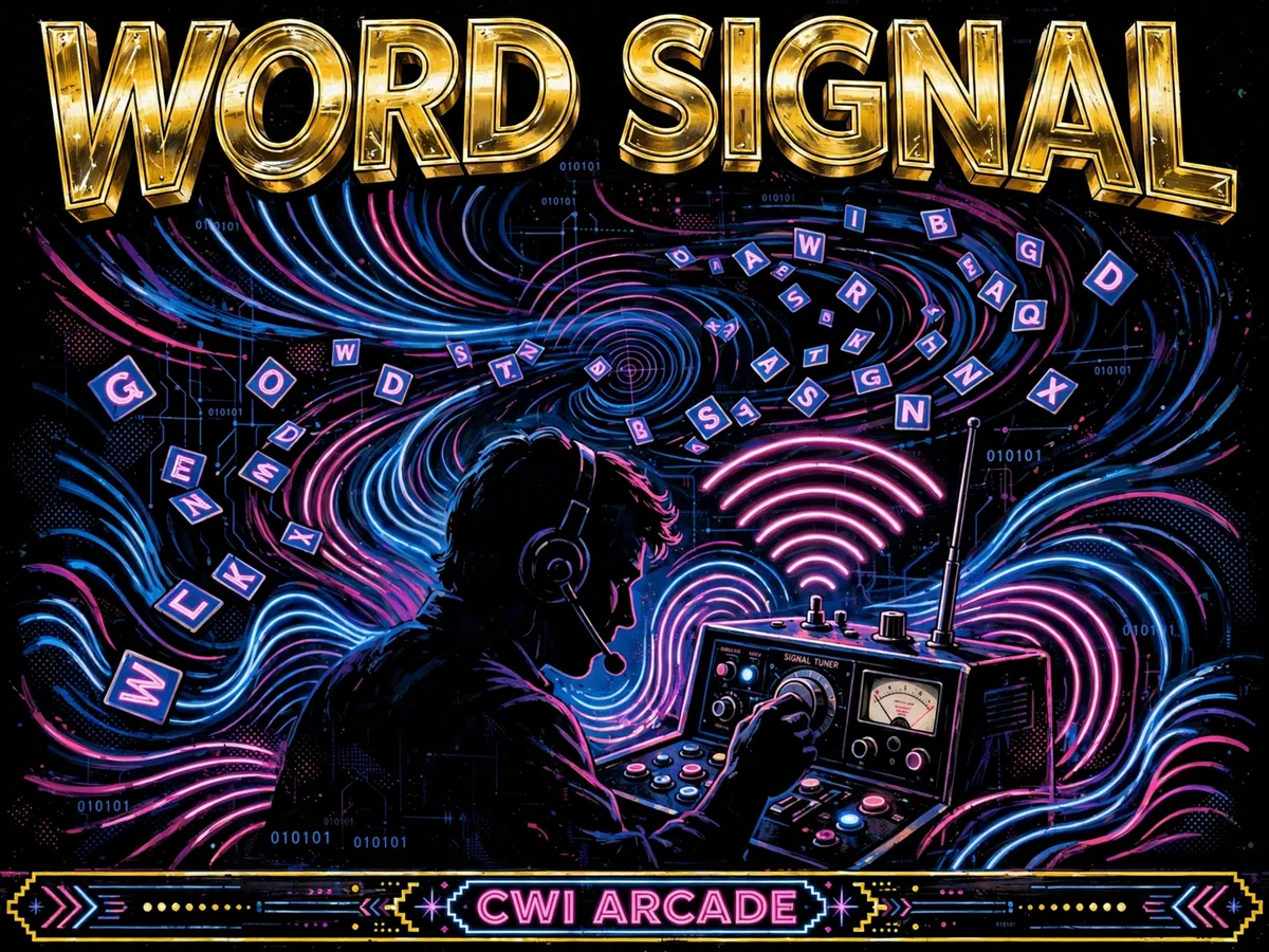 Word Signal cover art — glowing letters swirling as radio signals around a signal tuner