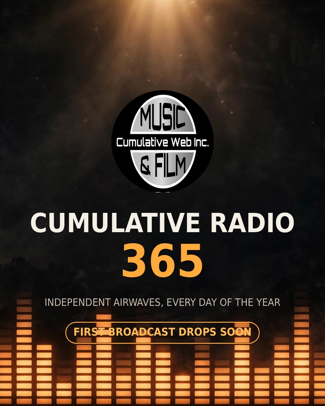Cumulative Radio 365 launch art — CWI badge over amber signal bars